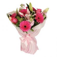 5 Gerberas,  5 Pink Roses with 1 Stem liliy